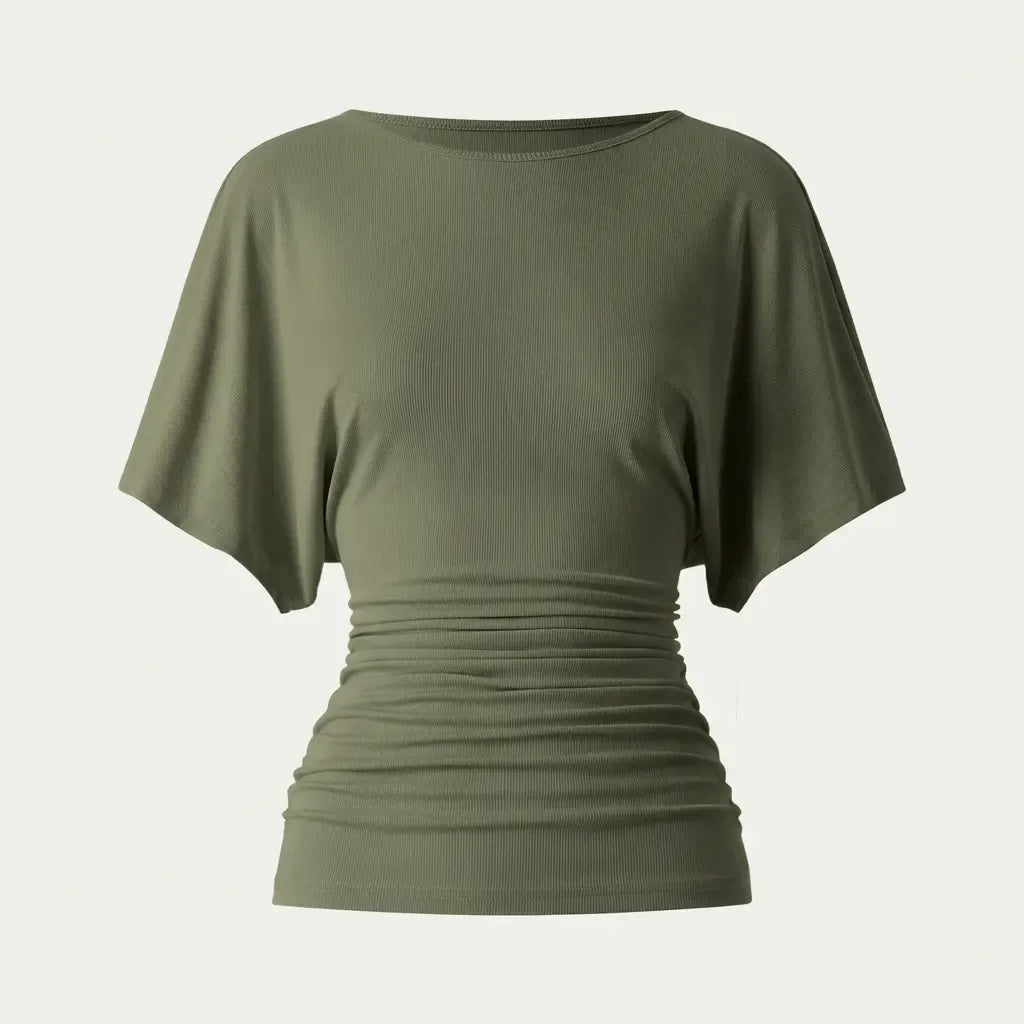 Women's Effortless Boatneck Batwing Sleeve Side Ruched Shirt - Casual, Stylish Quiet Luxury Essential Lady's Fashion Apparel, Women's Clothes