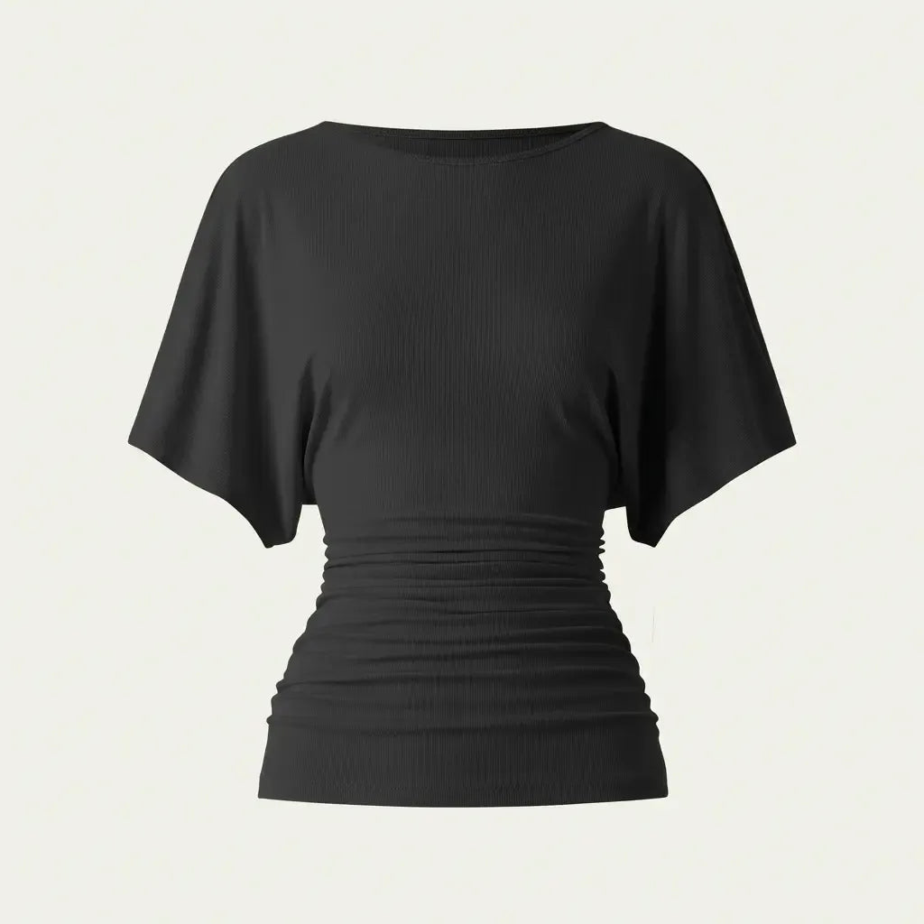 Women's Effortless Boatneck Batwing Sleeve Side Ruched Shirt - Casual, Stylish Quiet Luxury Essential Lady's Fashion Apparel, Women's Clothes