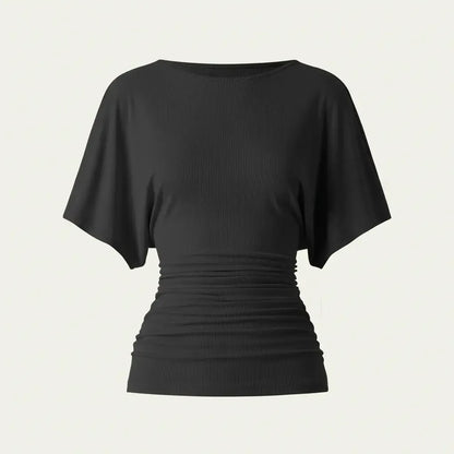 Women's Effortless Boatneck Batwing Sleeve Side Ruched Shirt - Casual, Stylish Quiet Luxury Essential Lady's Fashion Apparel, Women's Clothes