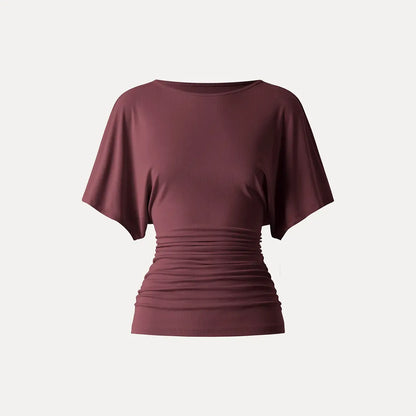 Women's Effortless Boatneck Batwing Sleeve Side Ruched Shirt - Casual, Stylish Quiet Luxury Essential Lady's Fashion Apparel, Women's Clothes