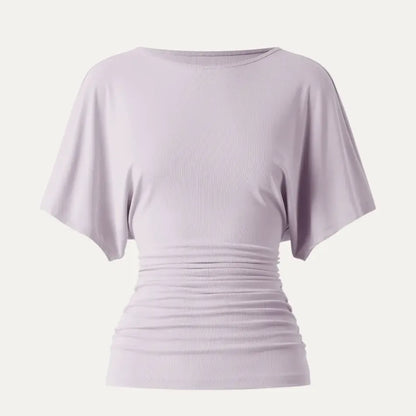 Women's Effortless Boatneck Batwing Sleeve Side Ruched Shirt - Casual, Stylish Quiet Luxury Essential Lady's Fashion Apparel, Women's Clothes
