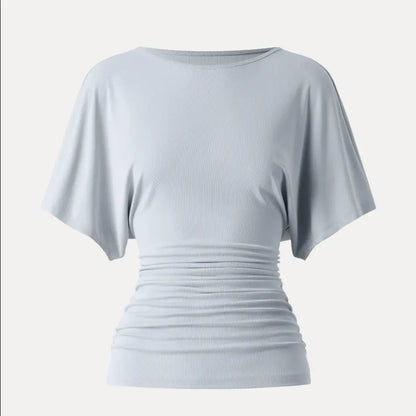 Women's Effortless Boatneck Batwing Sleeve Side Ruched Shirt - Casual, Stylish Quiet Luxury Essential Lady's Fashion Apparel, Women's Clothes