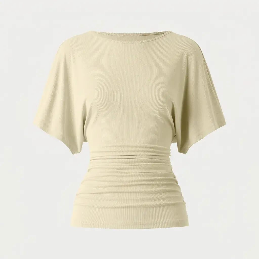 Women's Effortless Boatneck Batwing Sleeve Side Ruched Shirt - Casual, Stylish Quiet Luxury Essential Lady's Fashion Apparel, Women's Clothes