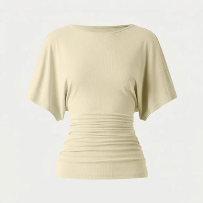 Women's Effortless Boatneck Batwing Sleeve Side Ruched Shirt - Casual, Stylish Quiet Luxury Essential Lady's Fashion Apparel, Women's Clothes