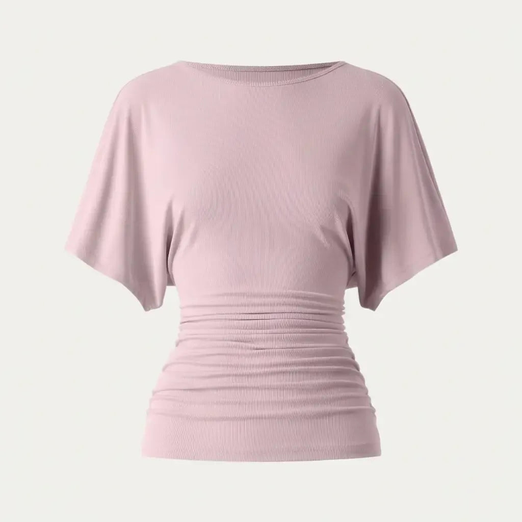 Women's Effortless Boatneck Batwing Sleeve Side Ruched Shirt - Casual, Stylish Quiet Luxury Essential Lady's Fashion Apparel, Women's Clothes