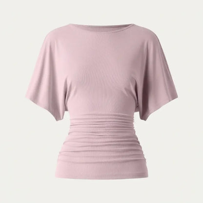 Women's Effortless Boatneck Batwing Sleeve Side Ruched Shirt - Casual, Stylish Quiet Luxury Essential Lady's Fashion Apparel, Women's Clothes