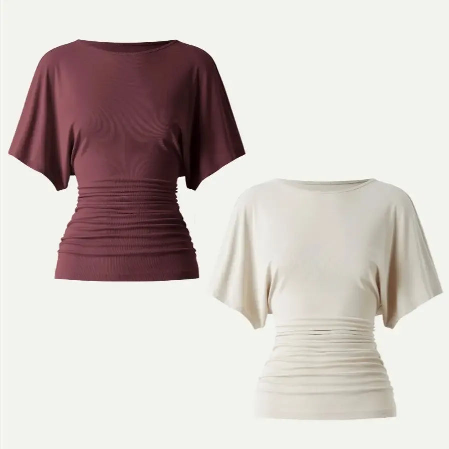 Women's Effortless Boatneck Batwing Sleeve Side Ruched Shirt - Casual, Stylish Quiet Luxury Essential Lady's Fashion Apparel, Women's Clothes