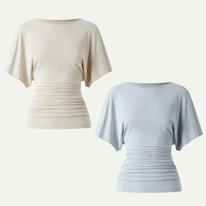 Women's Effortless Boatneck Batwing Sleeve Side Ruched Shirt - Casual, Stylish Quiet Luxury Essential Lady's Fashion Apparel, Women's Clothes