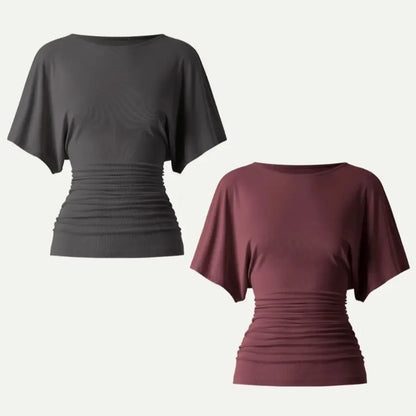 Women's Effortless Boatneck Batwing Sleeve Side Ruched Shirt - Casual, Stylish Quiet Luxury Essential Lady's Fashion Apparel, Women's Clothes