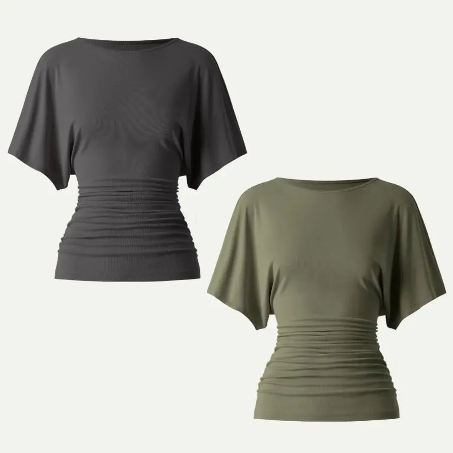 Women's Effortless Boatneck Batwing Sleeve Side Ruched Shirt - Casual, Stylish Quiet Luxury Essential Lady's Fashion Apparel, Women's Clothes
