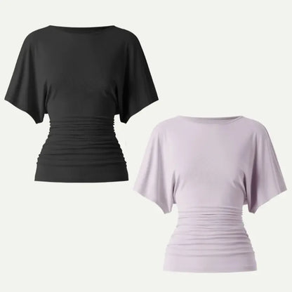 Women's Effortless Boatneck Batwing Sleeve Side Ruched Shirt - Casual, Stylish Quiet Luxury Essential Lady's Fashion Apparel, Women's Clothes