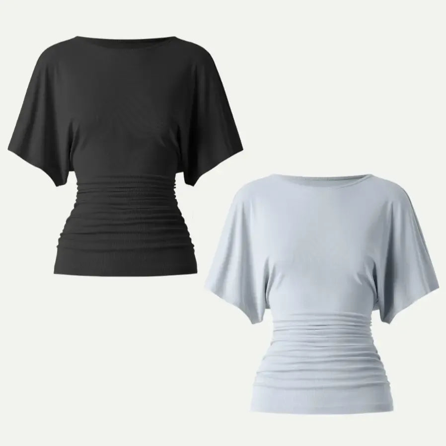 Women's Effortless Boatneck Batwing Sleeve Side Ruched Shirt - Casual, Stylish Quiet Luxury Essential Lady's Fashion Apparel, Women's Clothes