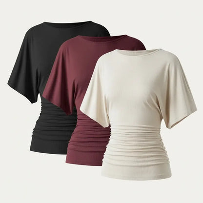 Women's Effortless Boatneck Batwing Sleeve Side Ruched Shirt - Casual, Stylish Quiet Luxury Essential Lady's Fashion Apparel, Women's Clothes