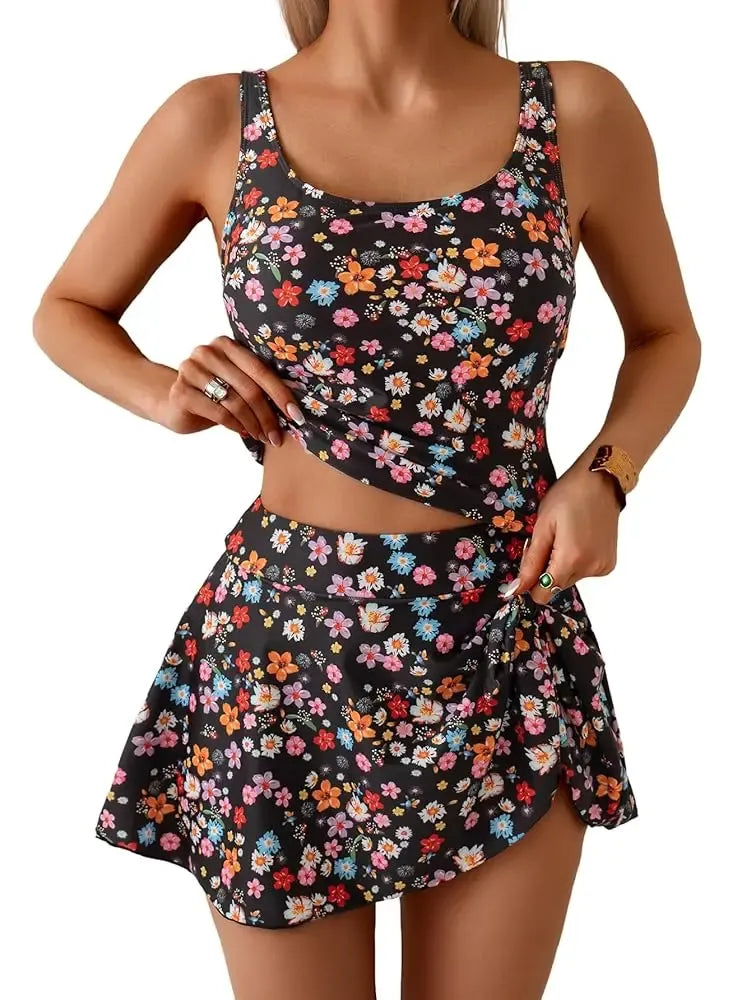 Tankini Swimsuit for Women Tummy Control Two Piece Bathing Suit High Waisted Tank Top with Swim Skirt Swimdress