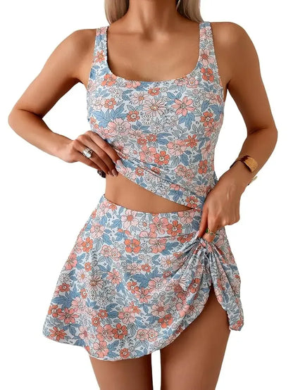 Tankini Swimsuit for Women Tummy Control Two Piece Bathing Suit High Waisted Tank Top with Swim Skirt Swimdress