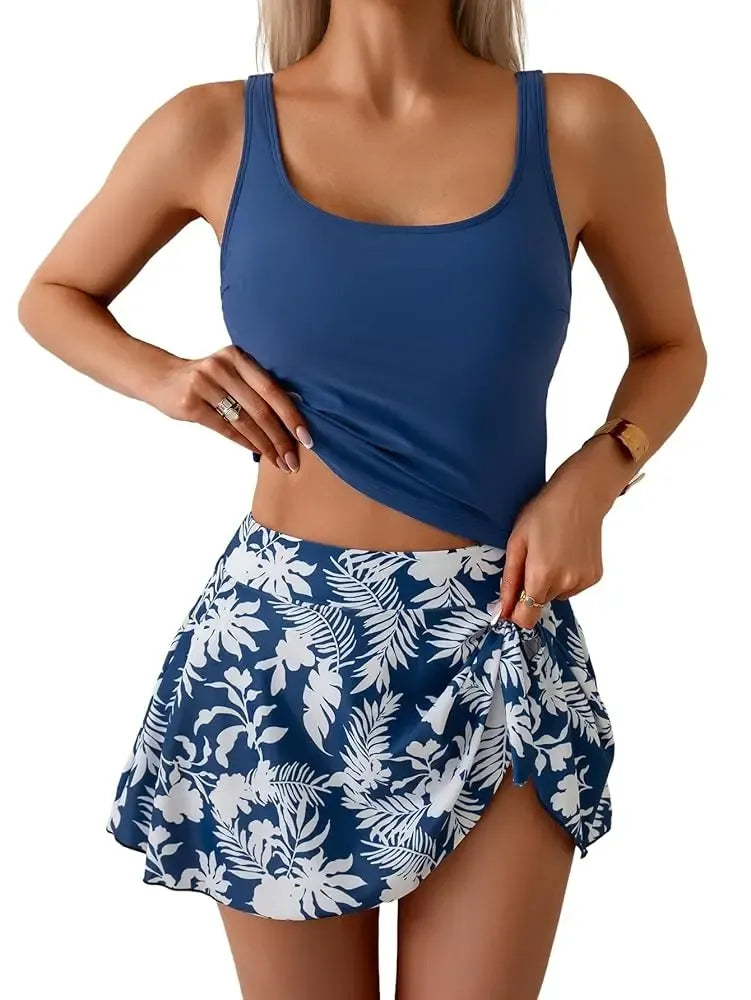 Tankini Swimsuit for Women Tummy Control Two Piece Bathing Suit High Waisted Tank Top with Swim Skirt Swimdress