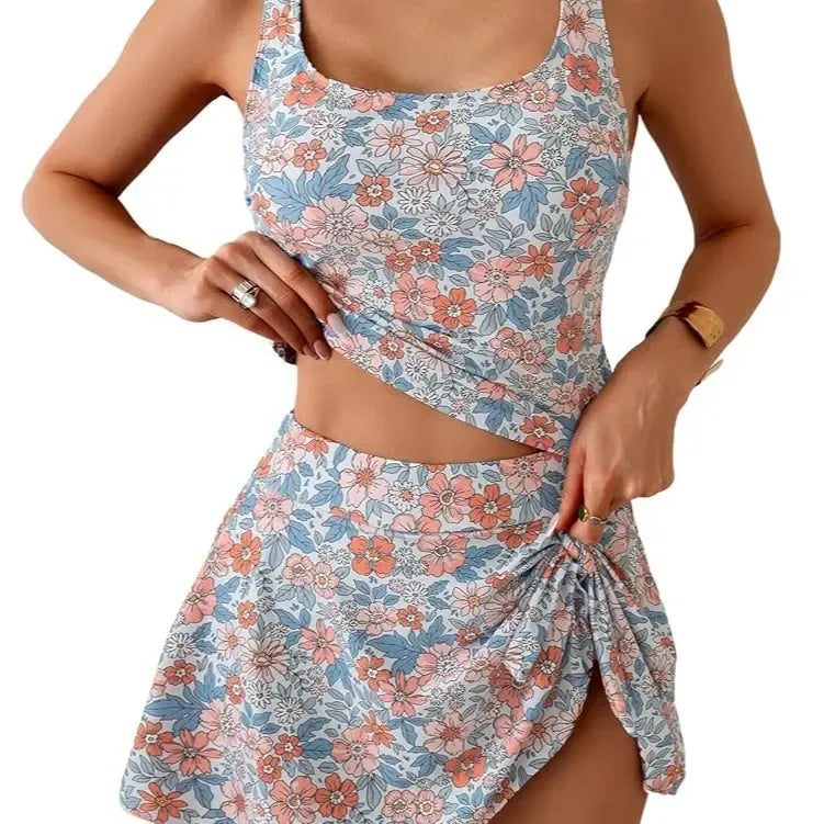 Tankini Swimsuit for Women Tummy Control Two Piece Bathing Suit High Waisted Tank Top with Swim Skirt Swimdress