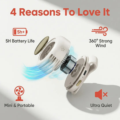 Mini Bladeless Fan. Portable, rechargeable, and silent. Features 3 adjustable speeds