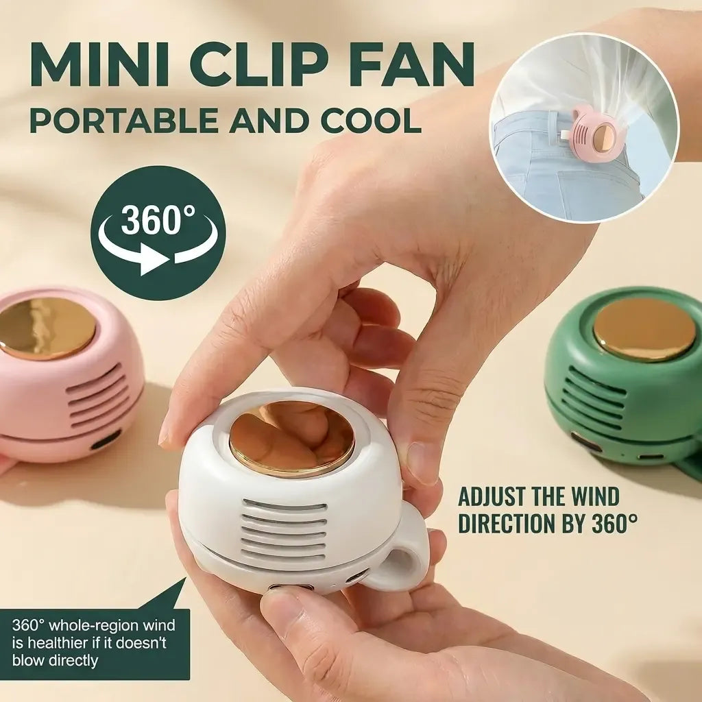 Mini Bladeless Fan. Portable, rechargeable, and silent. Features 3 adjustable speeds