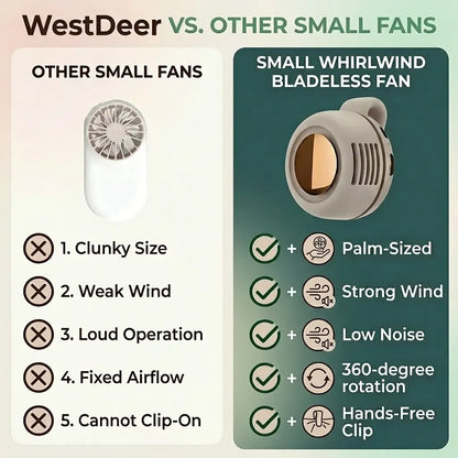 Mini Bladeless Fan. Portable, rechargeable, and silent. Features 3 adjustable speeds