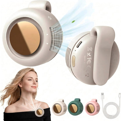 Mini Bladeless Fan. Portable, rechargeable, and silent. Features 3 adjustable speeds