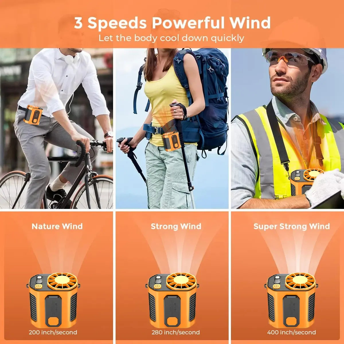 Personal Waist Portable Rechargeable Fan, 5000mAh Battery Power bank, 10 Speeds 5300RPM Airflow, LED Light