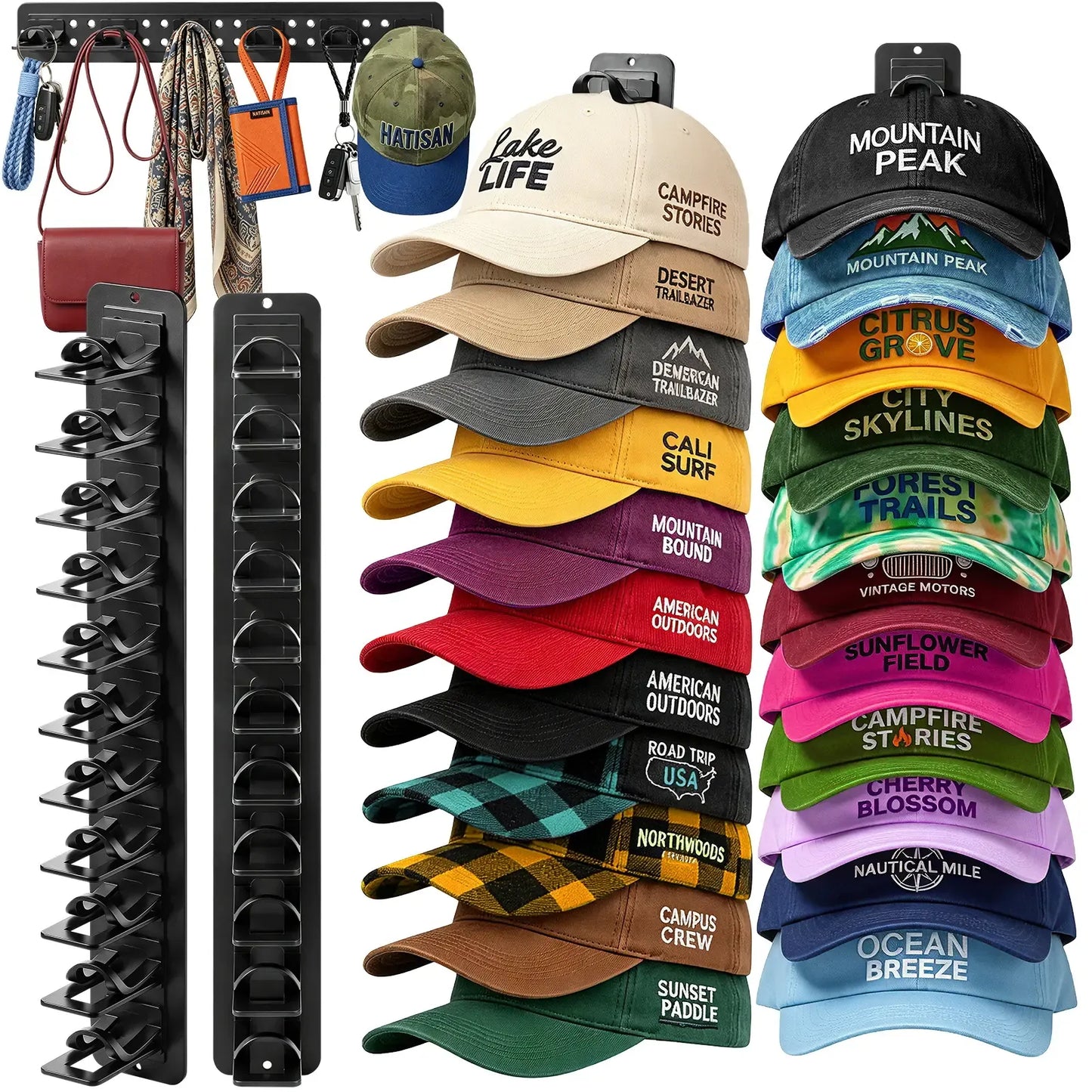 Hat Hook for Wall 2 Pack Hat Organizer Holds Up to 20 Hats with Strong Adhesive and 8 Screws Cap Holder for Closet Door and Bedroom B-Black - Decor Key Hook Wall Mounted Shelf
