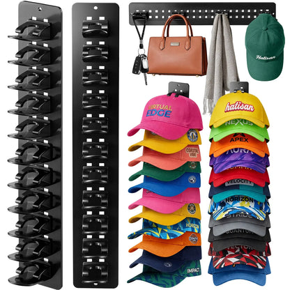 Hat Hook for Wall 2 Pack Hat Organizer Holds Up to 20 Hats with Strong Adhesive and 8 Screws Cap Holder for Closet Door and Bedroom B-Black - Decor Key Hook Wall Mounted Shelf