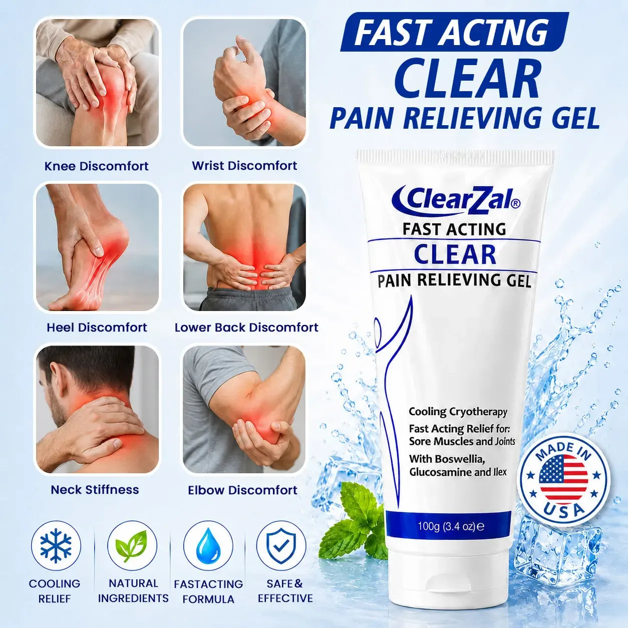 Clearzal Soothing Cooling Gel 100g, Relieving Body Gel, Cooling with Menthol and Frankincense, Helps Relieve Muscle Tension , Relax your waist, legs, knees, shoulders and neck to relieve fatigue, Sports Soothing Cooling Gel Body Care Lotions