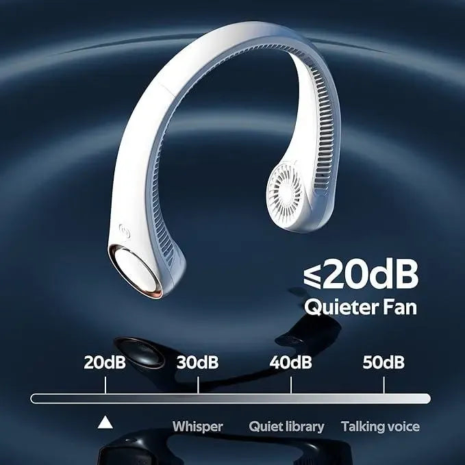 Hands-free neck fan for sports, Rechargeable bladeless cooling technologywith up to 8 hours of run time -Wearableheadphone design provides cooling for face,neck and shoulders as you move,travel and outdoorfun