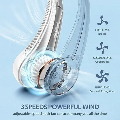 Hands-free neck fan for sports, Rechargeable bladeless cooling technologywith up to 8 hours of run time -Wearableheadphone design provides cooling for face,neck and shoulders as you move,travel and outdoorfun