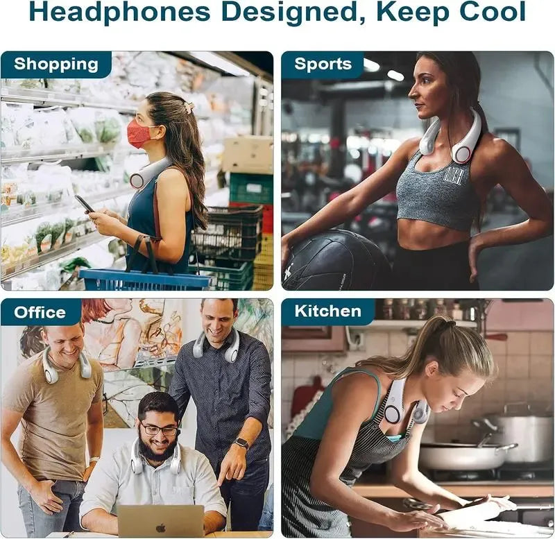 Hands-free neck fan for sports, Rechargeable bladeless cooling technologywith up to 8 hours of run time -Wearableheadphone design provides cooling for face,neck and shoulders as you move,travel and outdoorfun