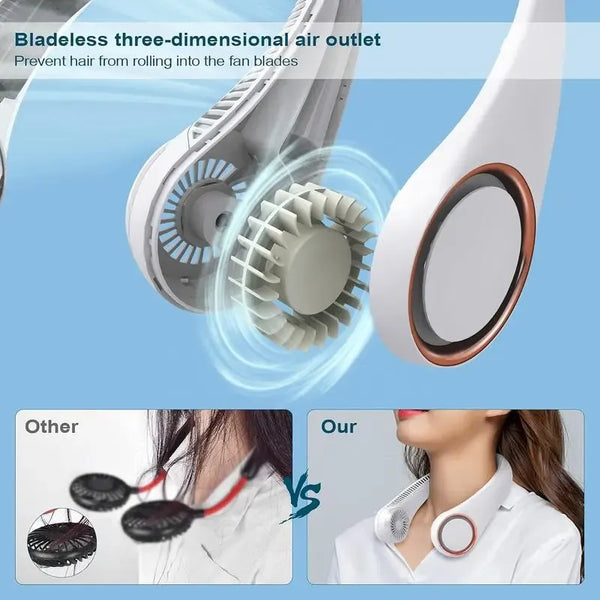 Hands-free neck fan for sports, Rechargeable bladeless cooling technologywith up to 8 hours of run time -Wearableheadphone design provides cooling for face,neck and shoulders as you move,travel and outdoorfun