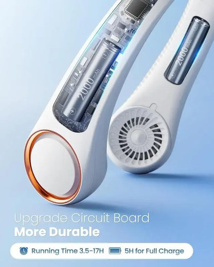 Hands-free neck fan for sports, Rechargeable bladeless cooling technologywith up to 8 hours of run time -Wearableheadphone design provides cooling for face,neck and shoulders as you move,travel and outdoorfun