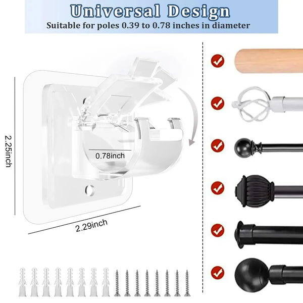 A set of 8PCS Curtain Rod Brackets with Clips,Transparent Drapery Hooks,Rod Hanging,Adjustable Rods Holder
