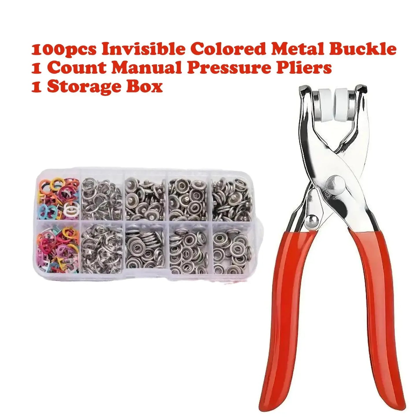 Buttons & Pliers Tool Kit,Including 100pcs Invisible Colored Metal Buckle & 1 Count Manual Pressure Pliers