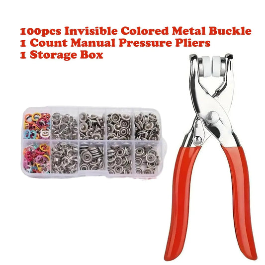 Buttons & Pliers Tool Kit,Including 100pcs Invisible Colored Metal Buckle & 1 Count Manual Pressure Pliers
