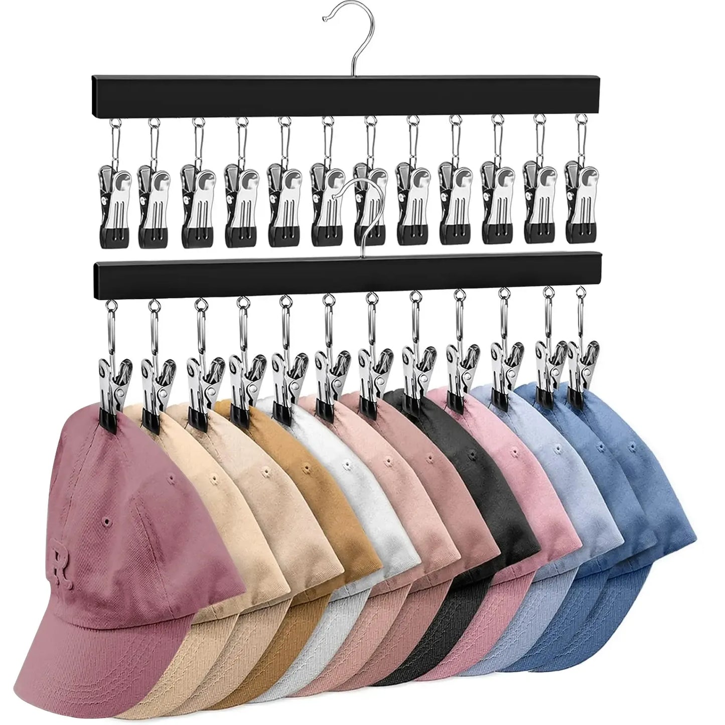 1/2 Pack Wooden Hat Organizer with 12 Stainless Steel Clips