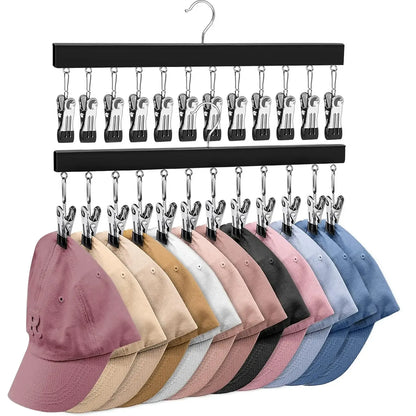 1/2 Pack Wooden Hat Organizer with 12 Stainless Steel Clips
