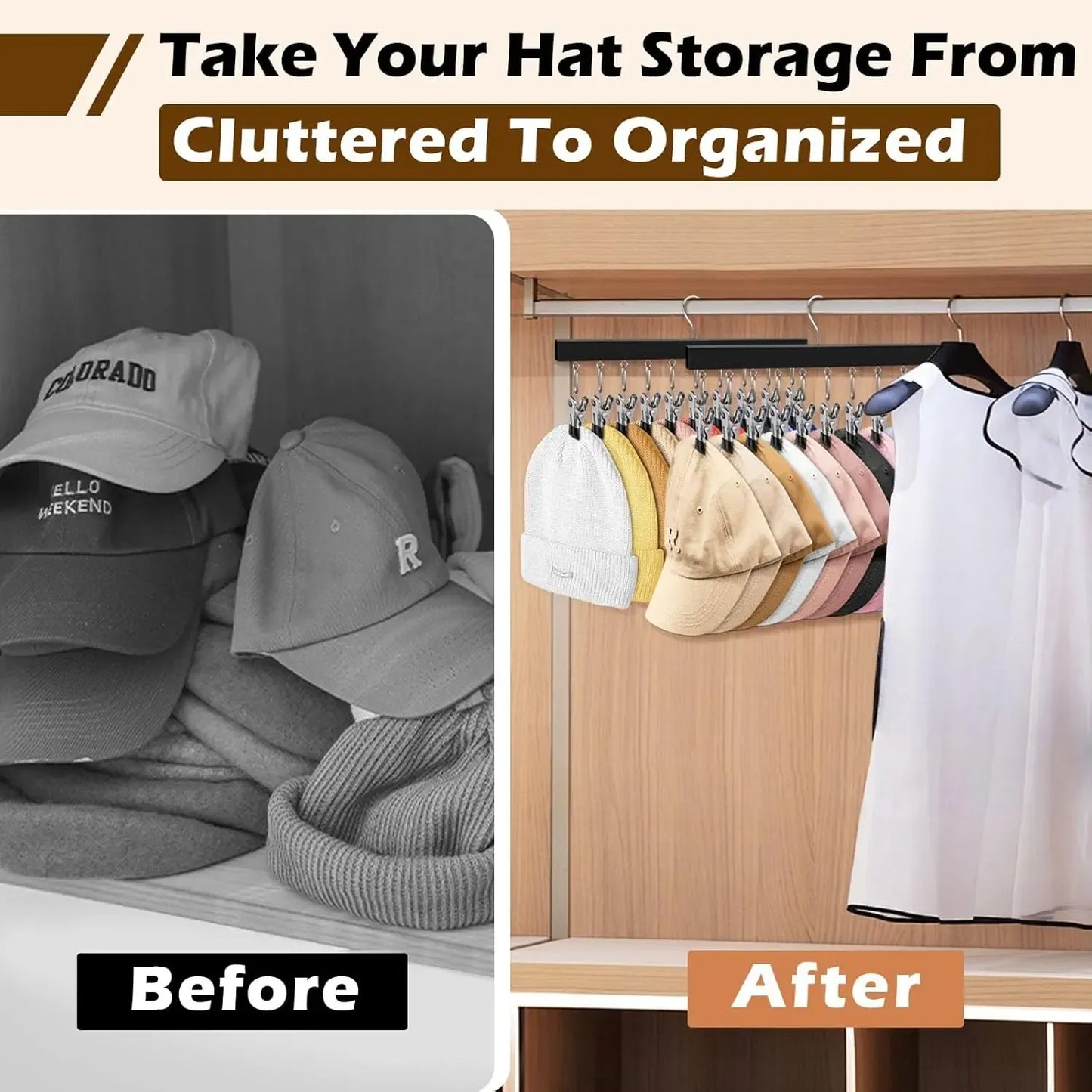 1/2 Pack Wooden Hat Organizer with 12 Stainless Steel Clips