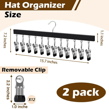 1/2 Pack Wooden Hat Organizer with 12 Stainless Steel Clips