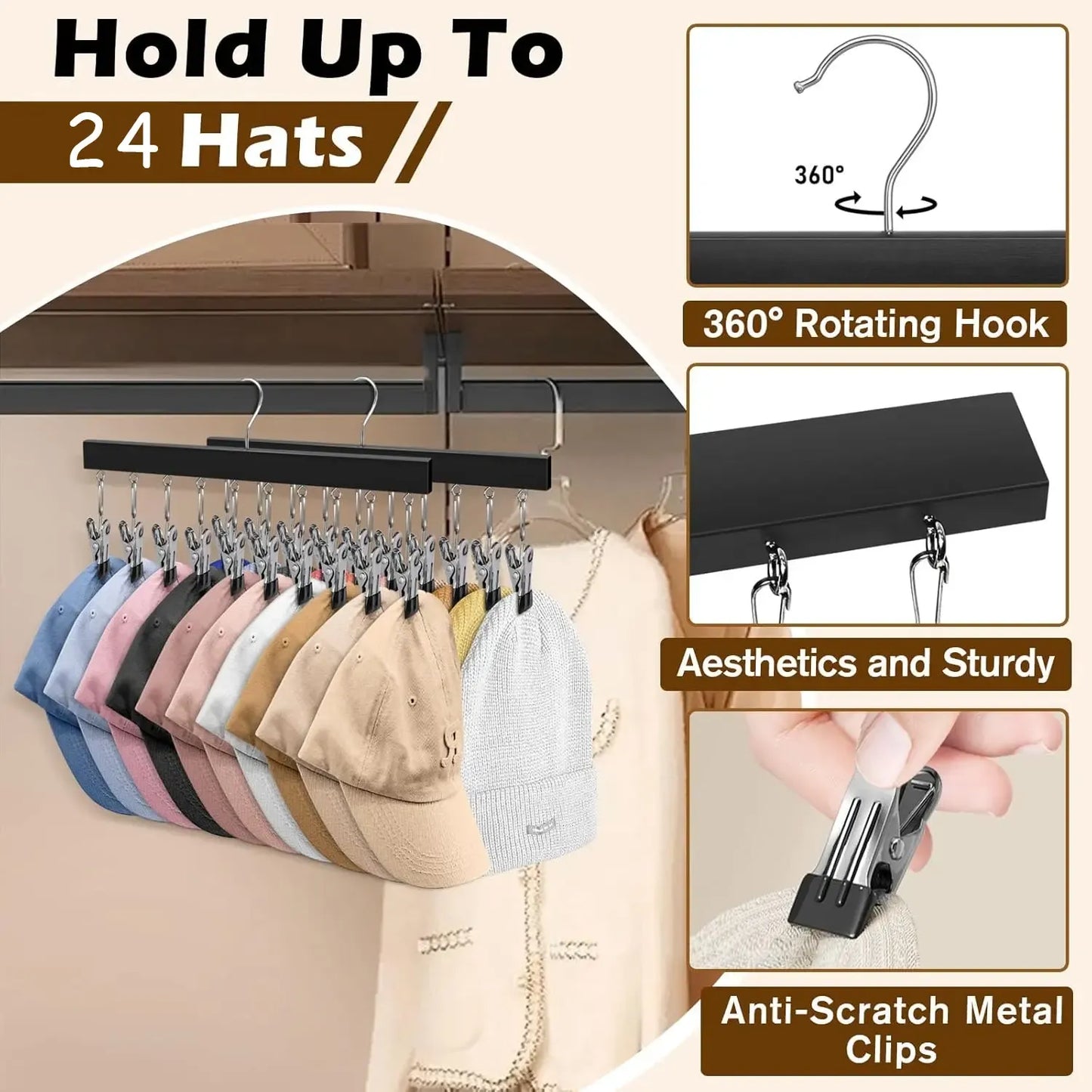 1/2 Pack Wooden Hat Organizer with 12 Stainless Steel Clips