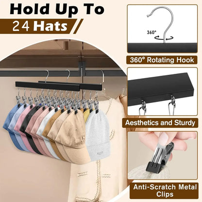 1/2 Pack Wooden Hat Organizer with 12 Stainless Steel Clips