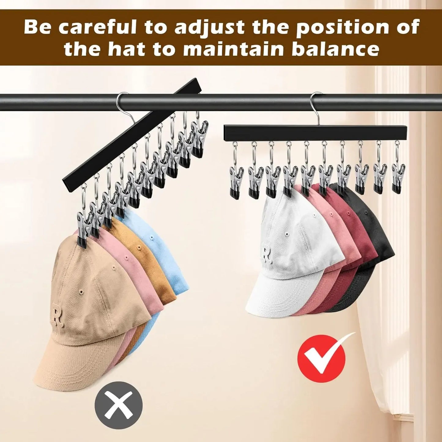 1/2 Pack Wooden Hat Organizer with 12 Stainless Steel Clips