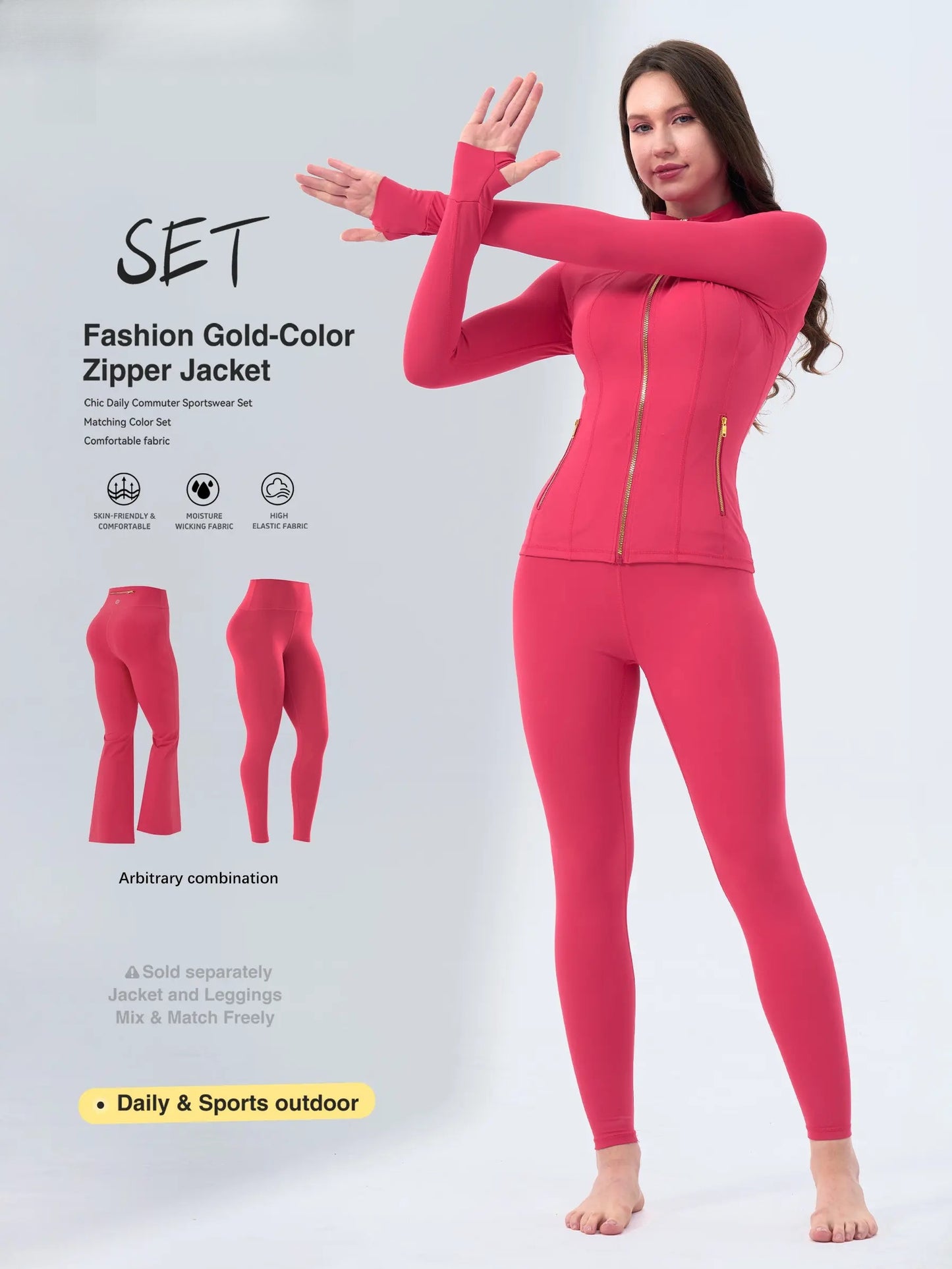 Soft Brushed Women's Sporty Jacket, 25'' Inseam Leggings. Gold-Color zipper Jacket with Pockets, Yoga Pants, Thumbholes Design, Casual