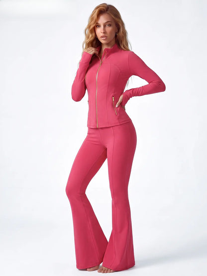 Soft Brushed Women's Sporty Jacket, 25'' Inseam Leggings. Gold-Color zipper Jacket with Pockets, Yoga Pants, Thumbholes Design, Casual