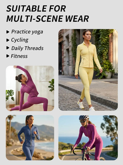 Soft Brushed Women's Sporty Jacket, 25'' Inseam Leggings. Gold-Color zipper Jacket with Pockets, Yoga Pants, Thumbholes Design, Casual