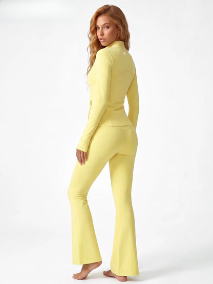 Soft Brushed Women's Sporty Jacket, 25'' Inseam Leggings. Gold-Color zipper Jacket with Pockets, Yoga Pants, Thumbholes Design, Casual