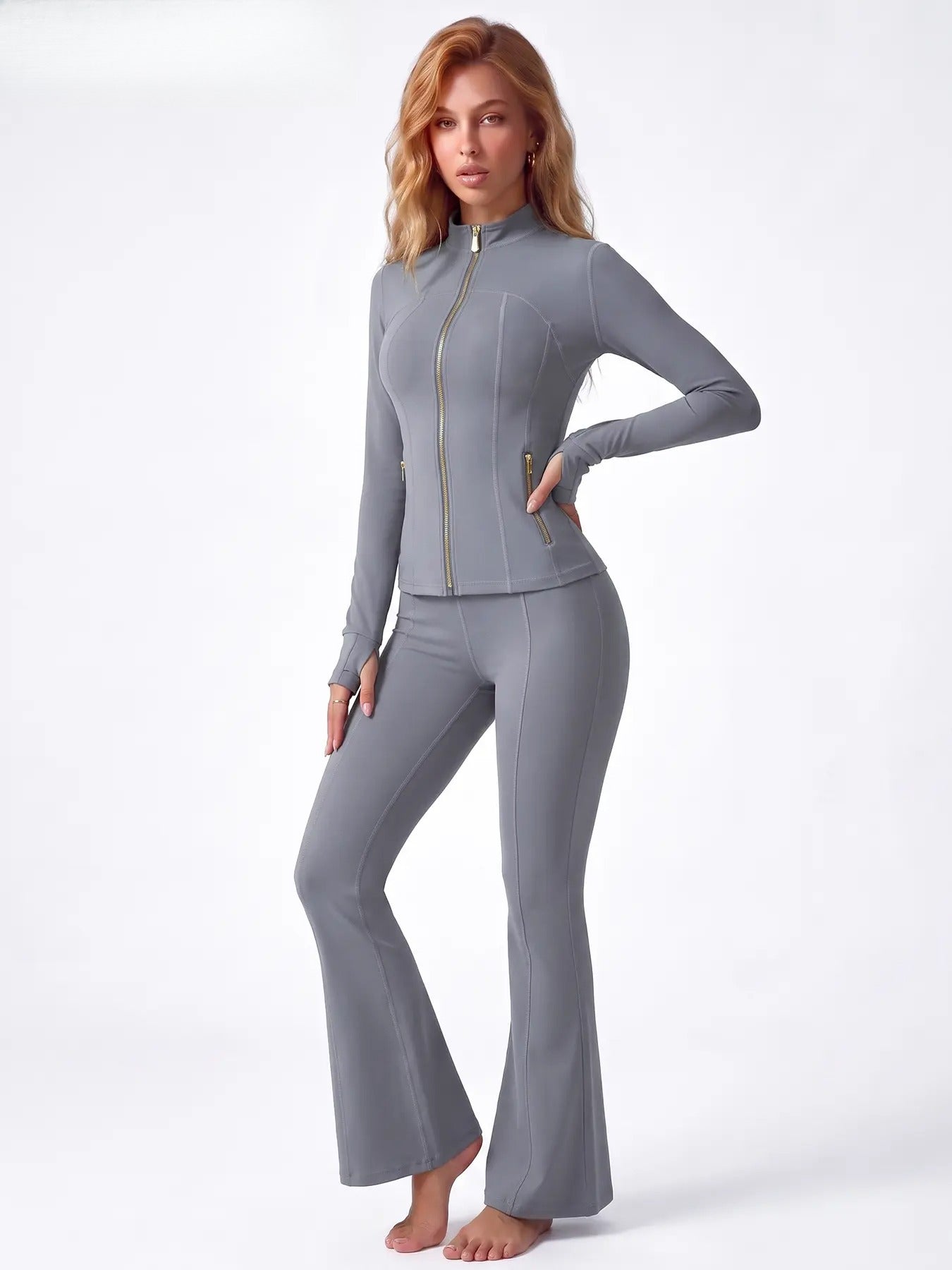Soft Brushed Women's Sporty Jacket, 25'' Inseam Leggings. Gold-Color zipper Jacket with Pockets, Yoga Pants, Thumbholes Design, Casual