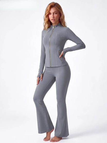 Soft Brushed Women's Sporty Jacket, 25'' Inseam Leggings. Gold-Color zipper Jacket with Pockets, Yoga Pants, Thumbholes Design, Casual